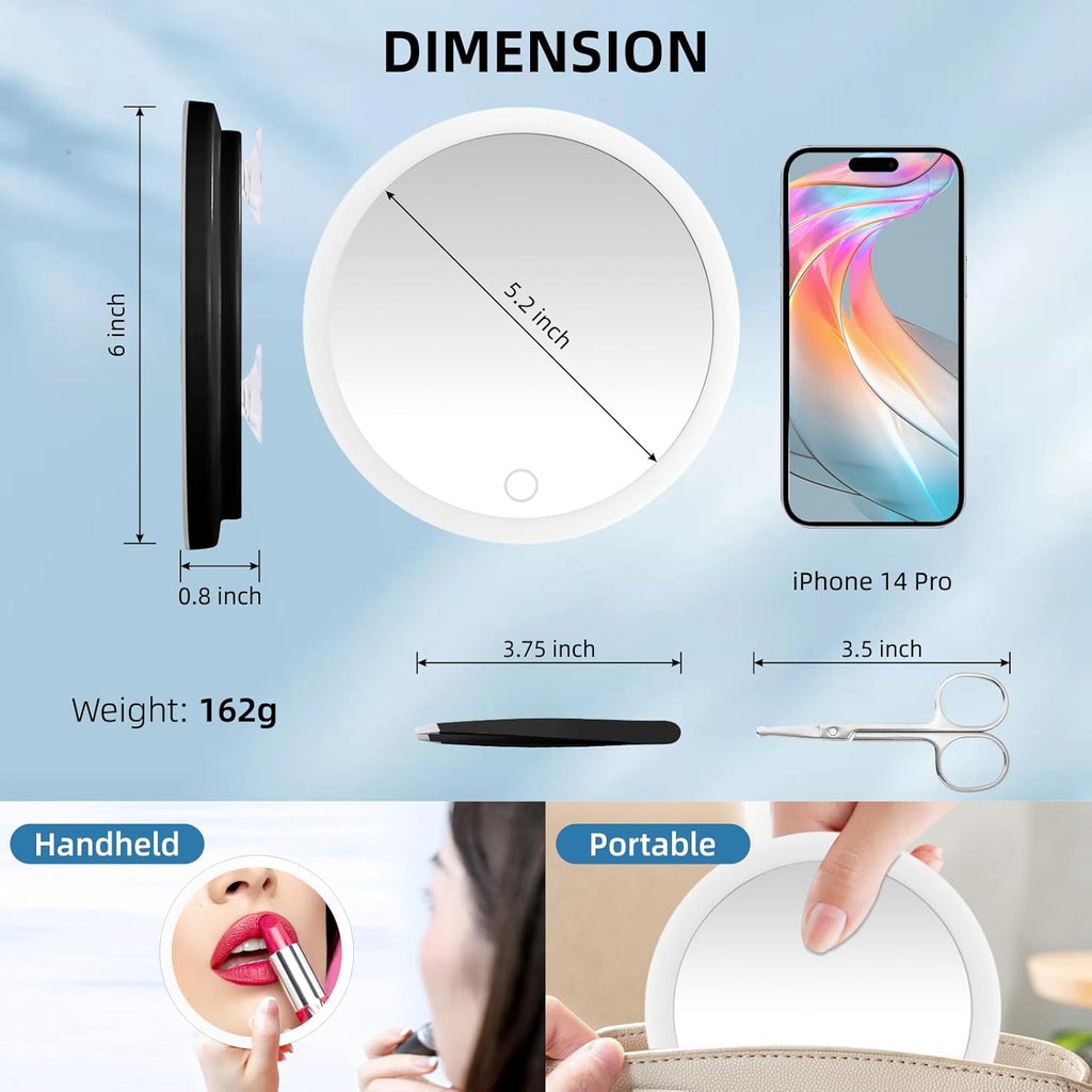 30X LED Makeup Mirror 6" Travel Mirror with Suction Cups + Tweezers & Scissors