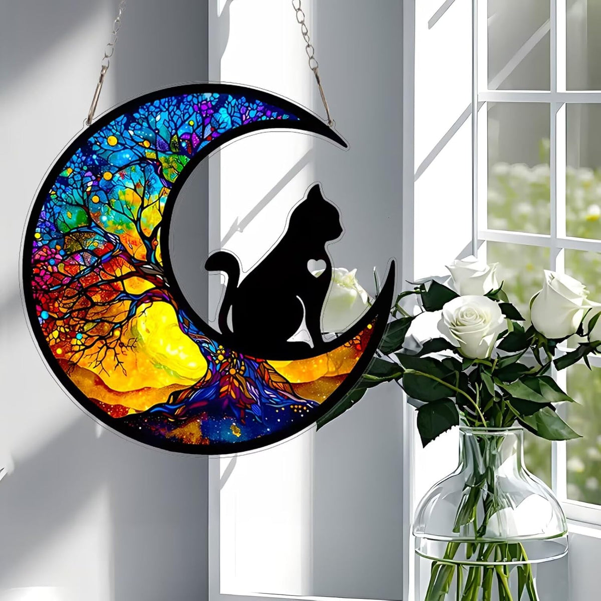 Moon with Silhouette Cat and Tree Acrylic Suncatcher Hanging, 5.9 inch Window Decor with Printed Stained Glass Style Design, Rainbow Maker Wall Art