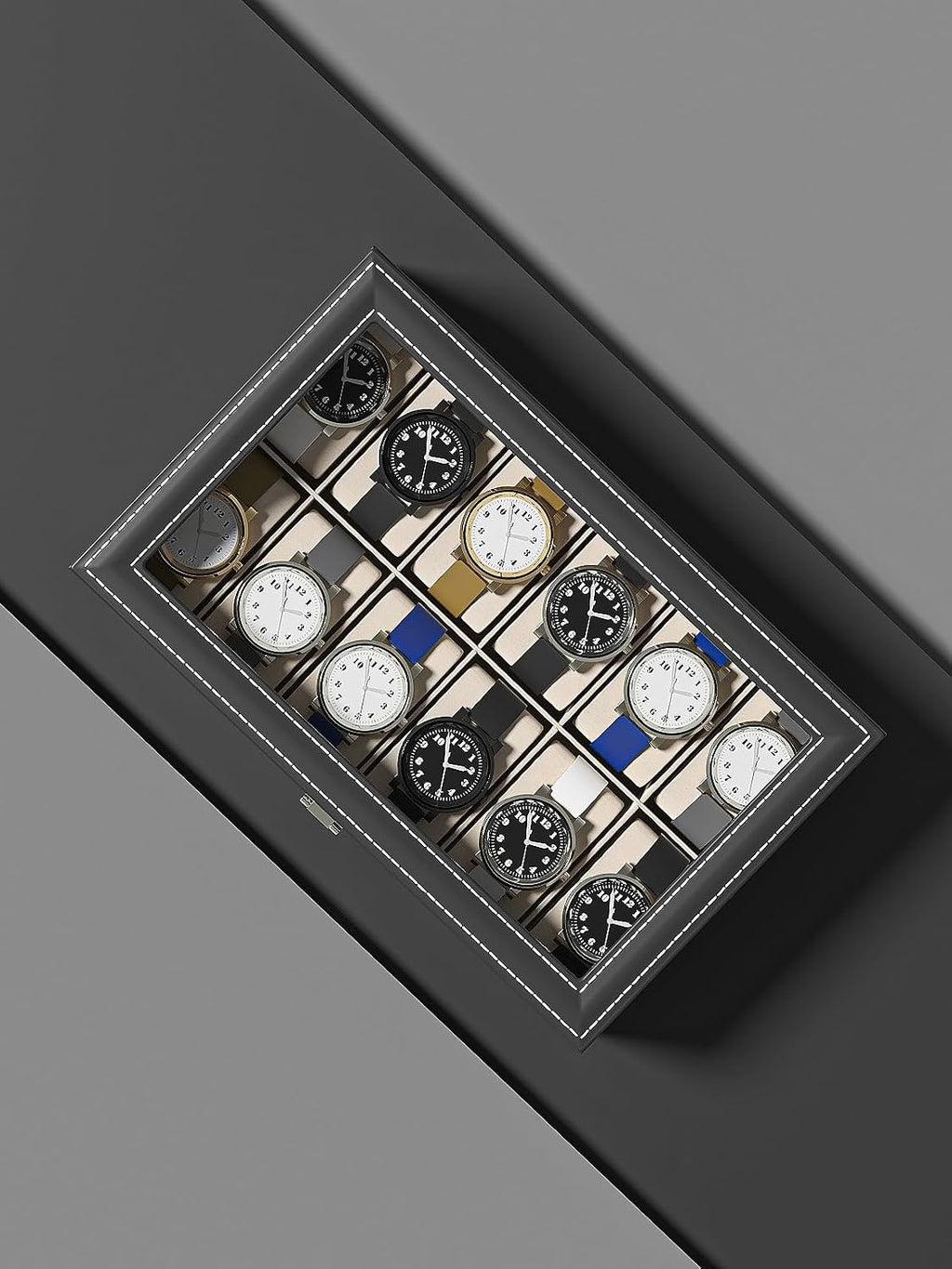12 Slot Watch Box with Glass Lid, PU Leather Watch Organizer Case with Cushion Pillows and Metal Clasp, Large Capacity Gift for Men Watch Display Storage