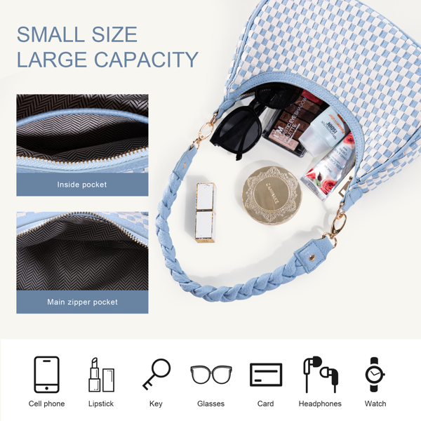 Checkered Shoulder Bag for Women, Y2K Hobo Crescent Purse with Braided Strap, Small Blue White Armpit Bag Trendy Fashion Handbag