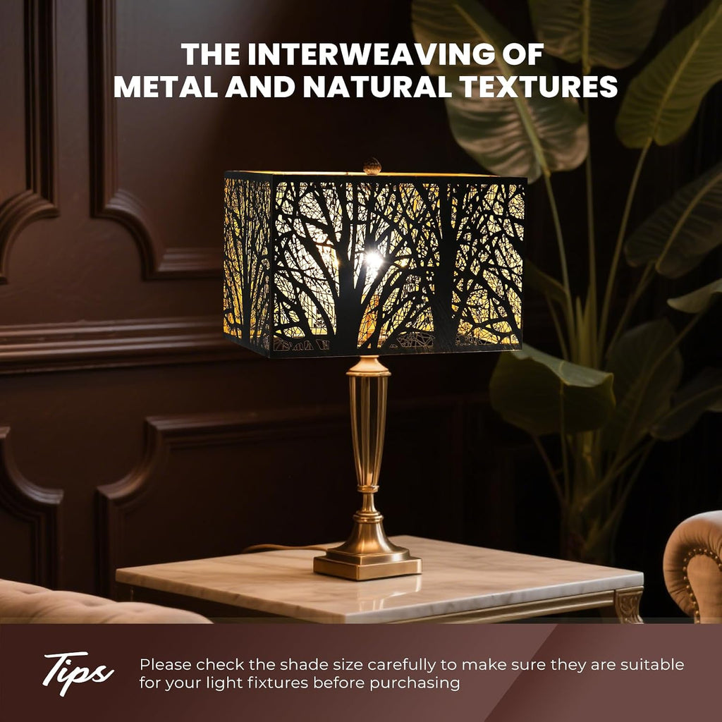 ALUCSET 14"×8"×9" Rectangular Metal Lamp Shade, Forest Etched Tree Shadow Glow Lampshade with Spider Fitter for Table Lamps