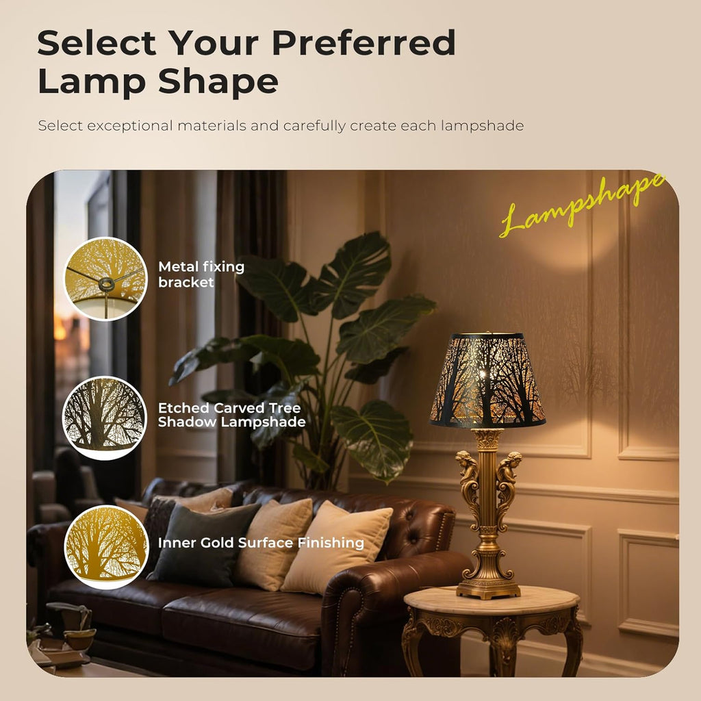 ALUCSET Forest Etched Metal Lamp Shade, 6" Top 10" Bottom 7.5" Spider Fitter Lampshade, Black Outside Gold Inside for Table Lamp Floor Lamp