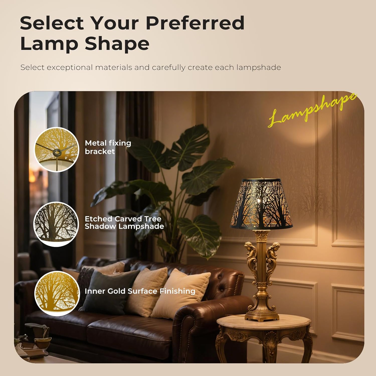 ALUCSET Forest Etched Metal Lamp Shade, 6" Top 10" Bottom 7.5" Spider Fitter Lampshade, Black Outside Gold Inside for Table Lamp Floor Lamp