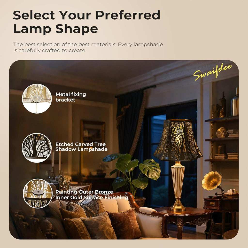 Hexagon Metal Lamp Shade with Etched Forest Trees, Bronze & Gold Finish, 16" Bottom, Spider Fitter for Table & Floor Lamps