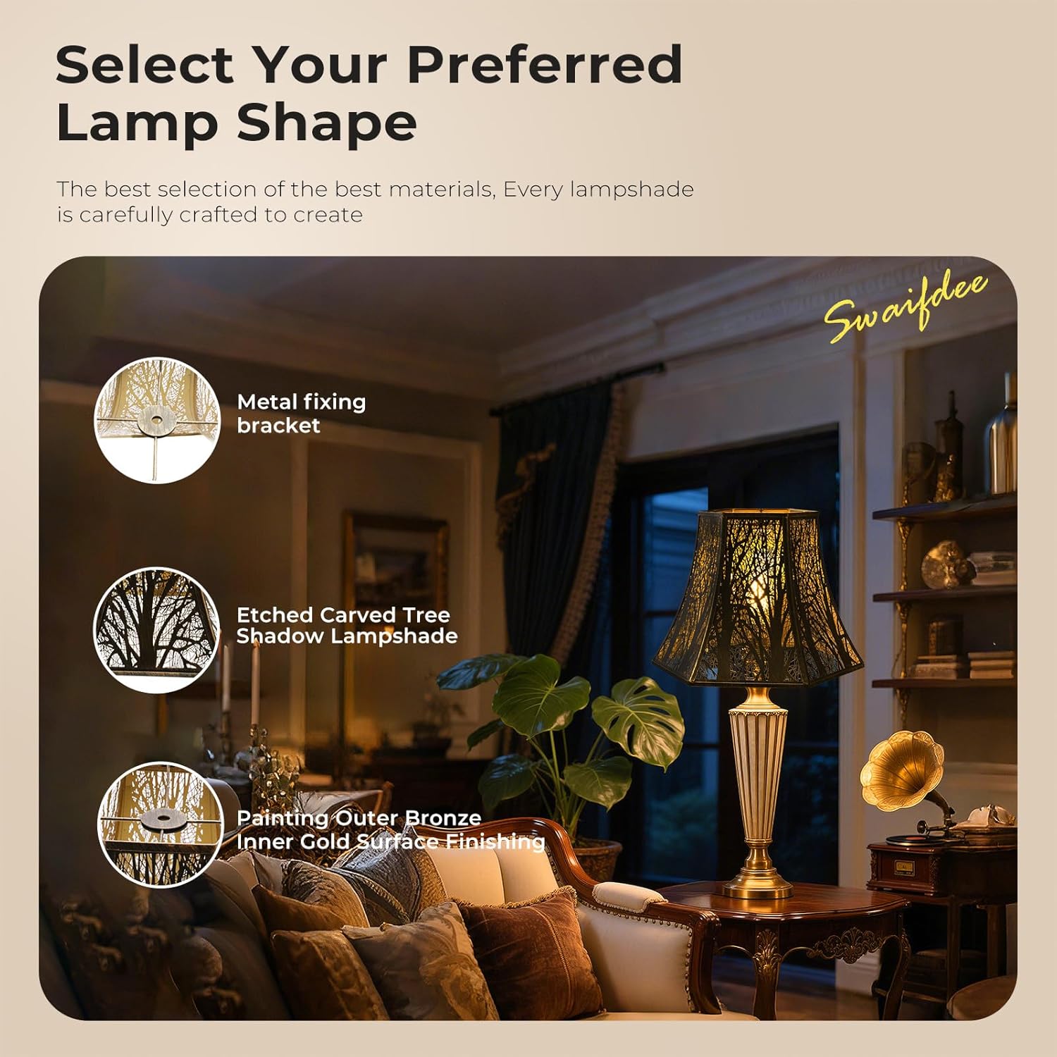 Hexagon Metal Lamp Shade with Etched Forest Trees, Bronze & Gold Finish, 16" Bottom, Spider Fitter for Table & Floor Lamps