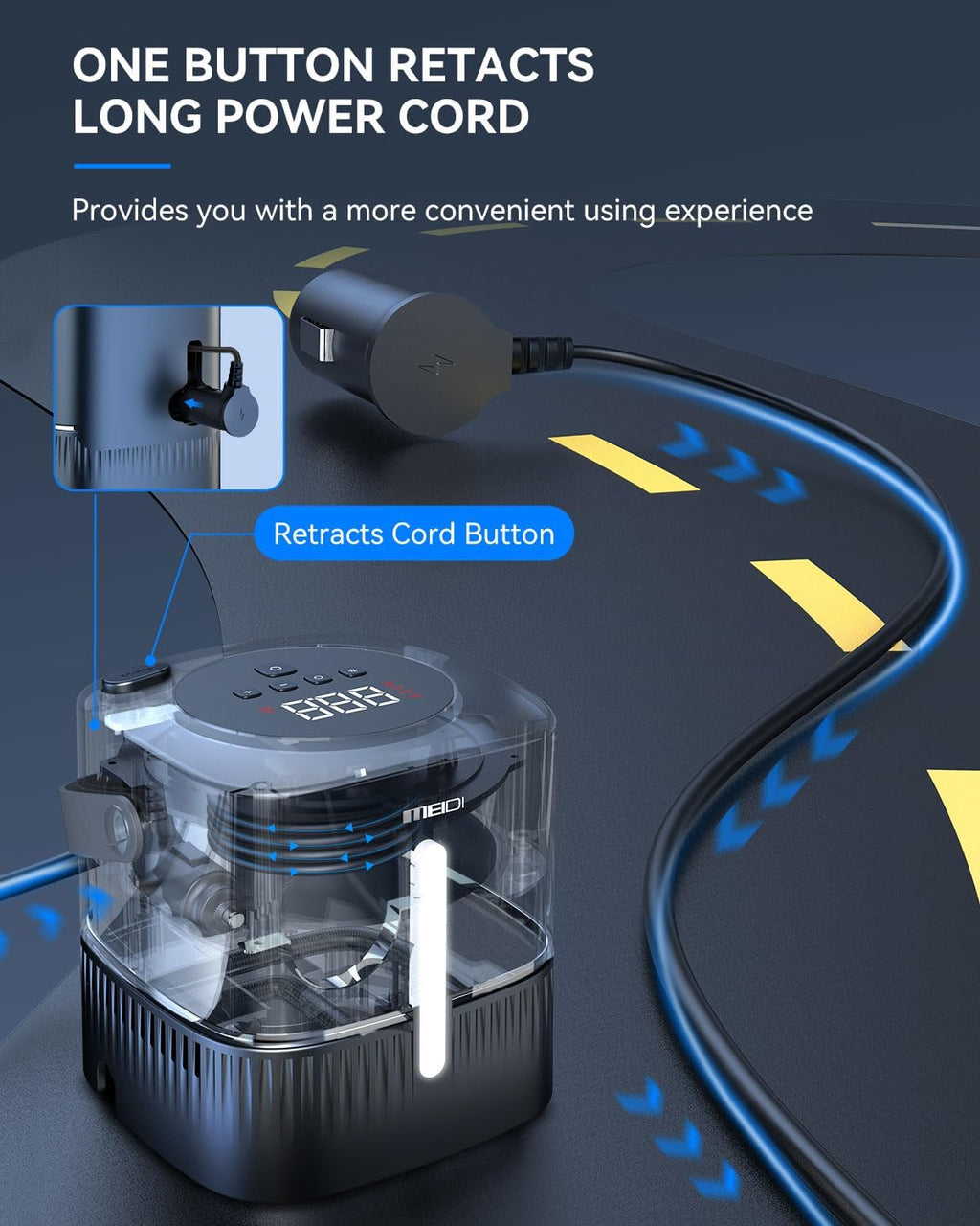Portable Car Tire Inflator Air Compressor, 110 PSI Fast Inflation Air Pump with Digital LED Display, Auto Shut-Off, Retractable Power Cord and Emergency LED Light