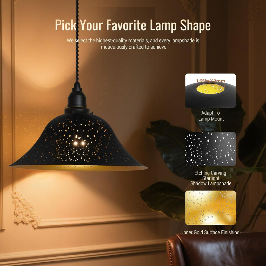 Starry Night Metal Replacement Lamp Shade, 11.8" Diameter, for Torchiere & Pendant Lights, Black & Gold Etched Design