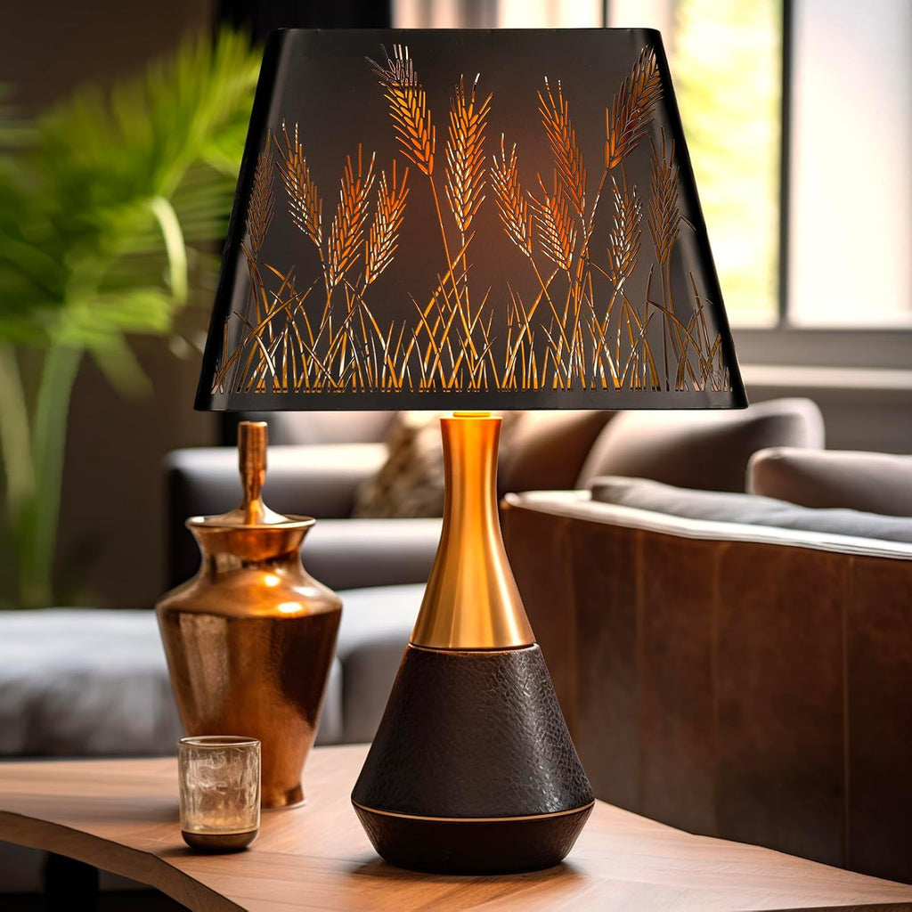 ALUCSET 9x12 Inch Modern Square Metal Lamp Shade - Black & Gold Wheatear Pattern for Table & Floor Lamps with Spider Fitter