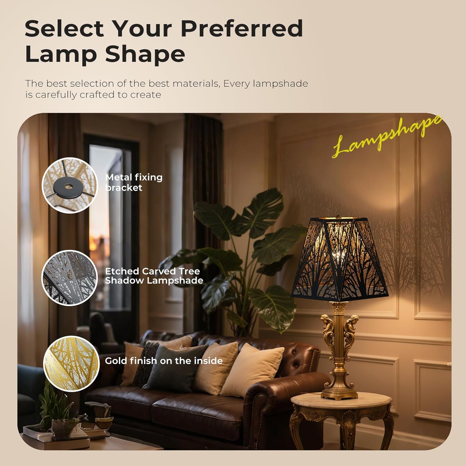 ALUCSET Hexagon Forest Pattern Metal Lamp Shade for Table Lamps Floor Lamps Vintage Black Gold Small Size 6x12x7.8 Inch