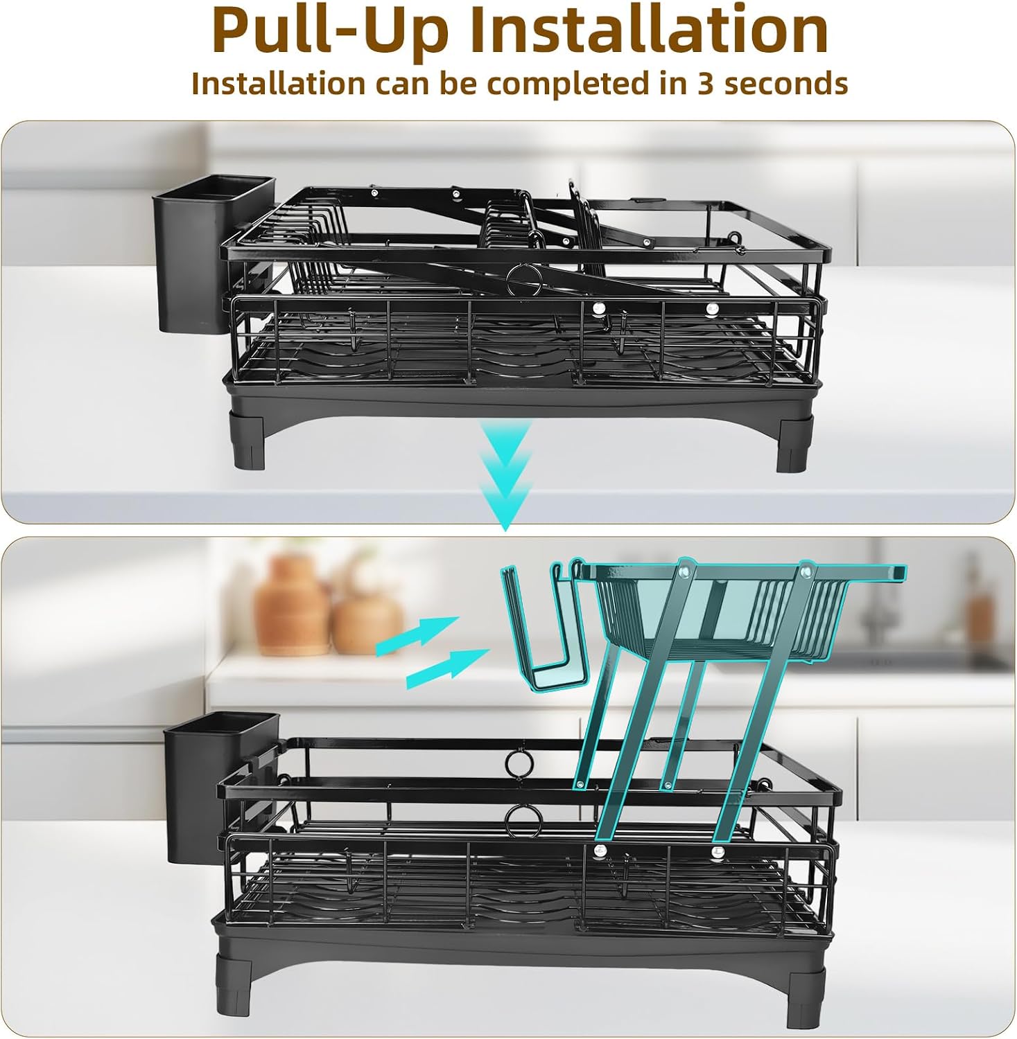 Expandable 2 Tier Dish Drying Rack with Drainboard Utensil Holder, Black Metal Over Sink Dish Drainer with Quick Dry Mat for Kitchen Countertop