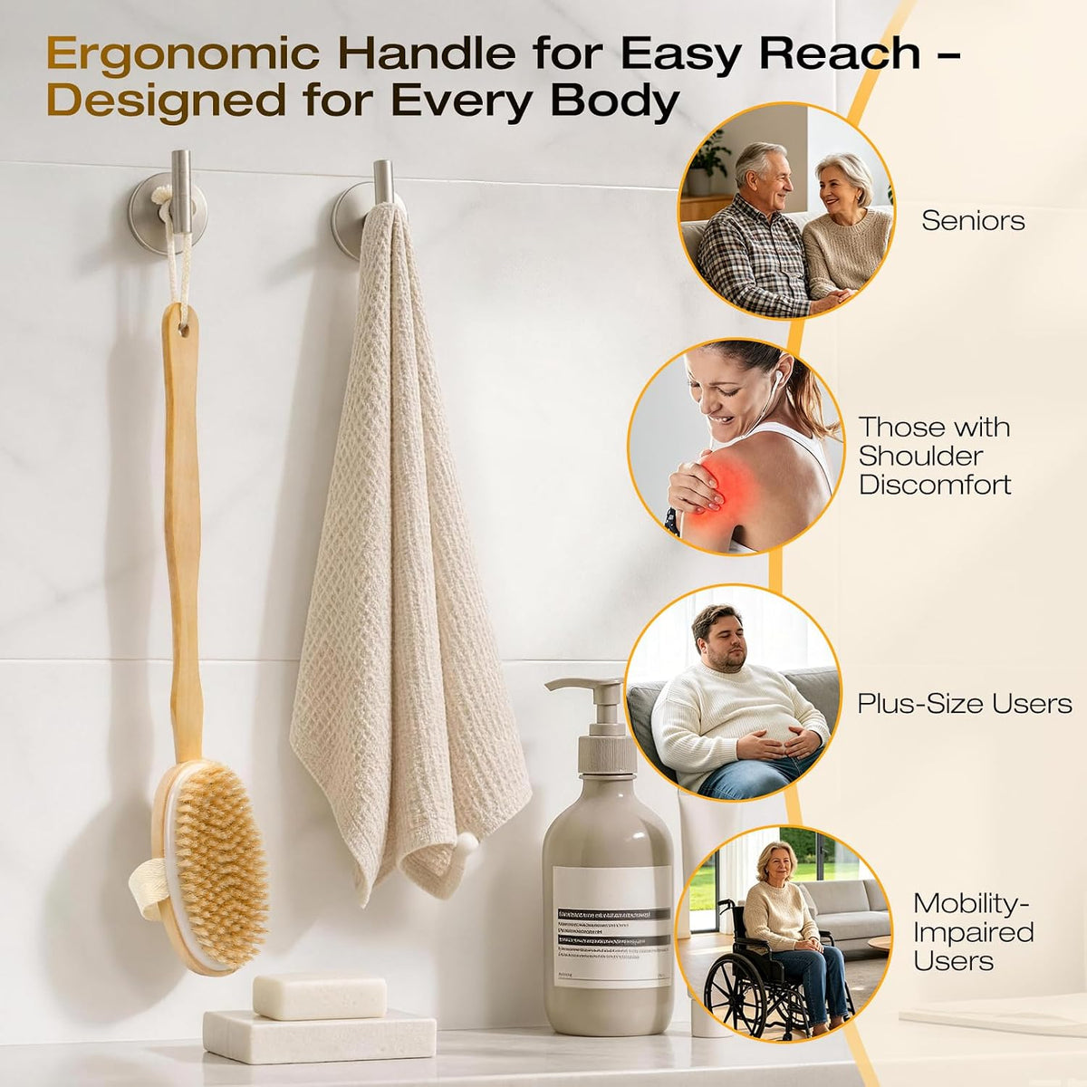 AEELLEEA 16.5 Inch Long Handle Bath Brush, Natural Boar Bristle Detachable Body Brush for Shower Exfoliating Dry Brushing Back Scrubber