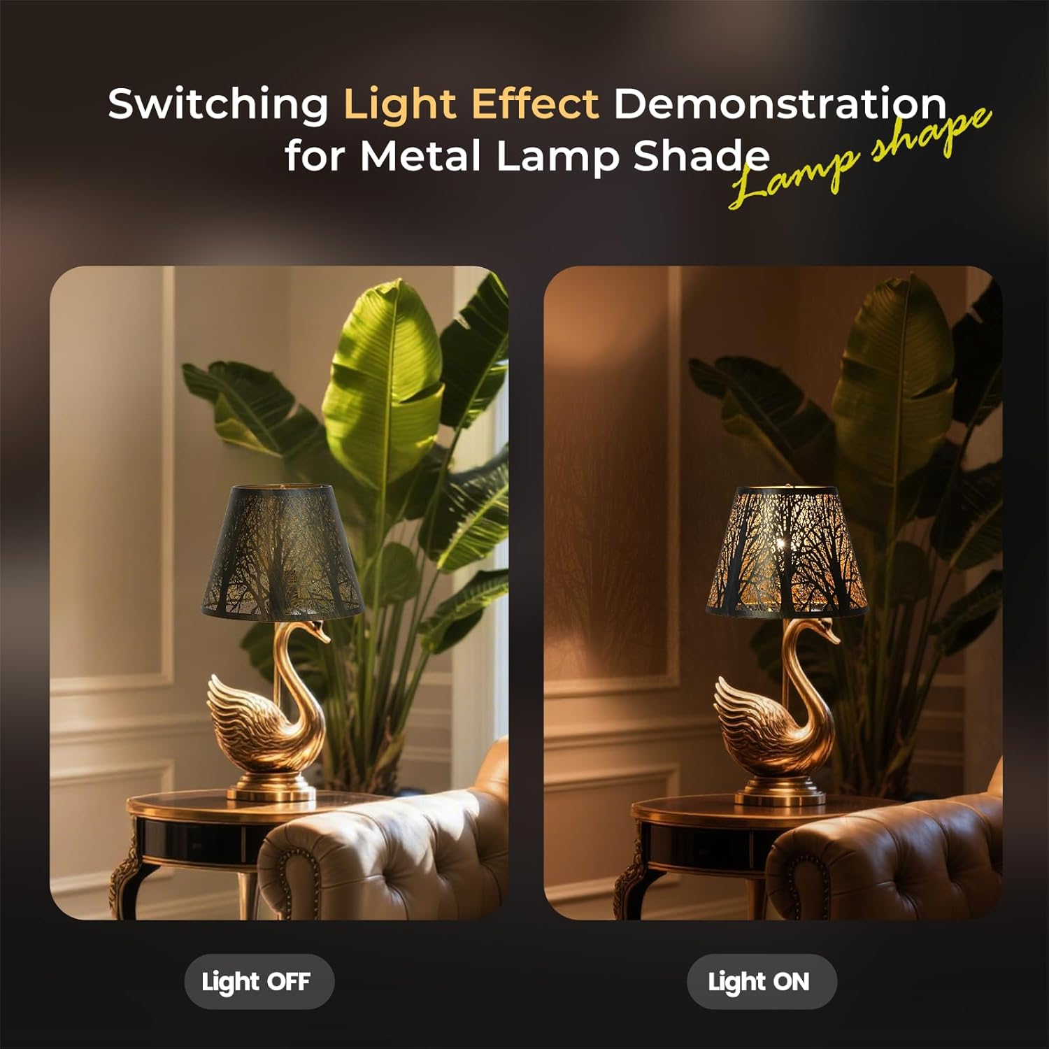 ALUCSET Forest Etched Metal Lamp Shade, 6" Top 10" Bottom 7.5" Spider Fitter Lampshade, Black Outside Gold Inside for Table Lamp Floor Lamp