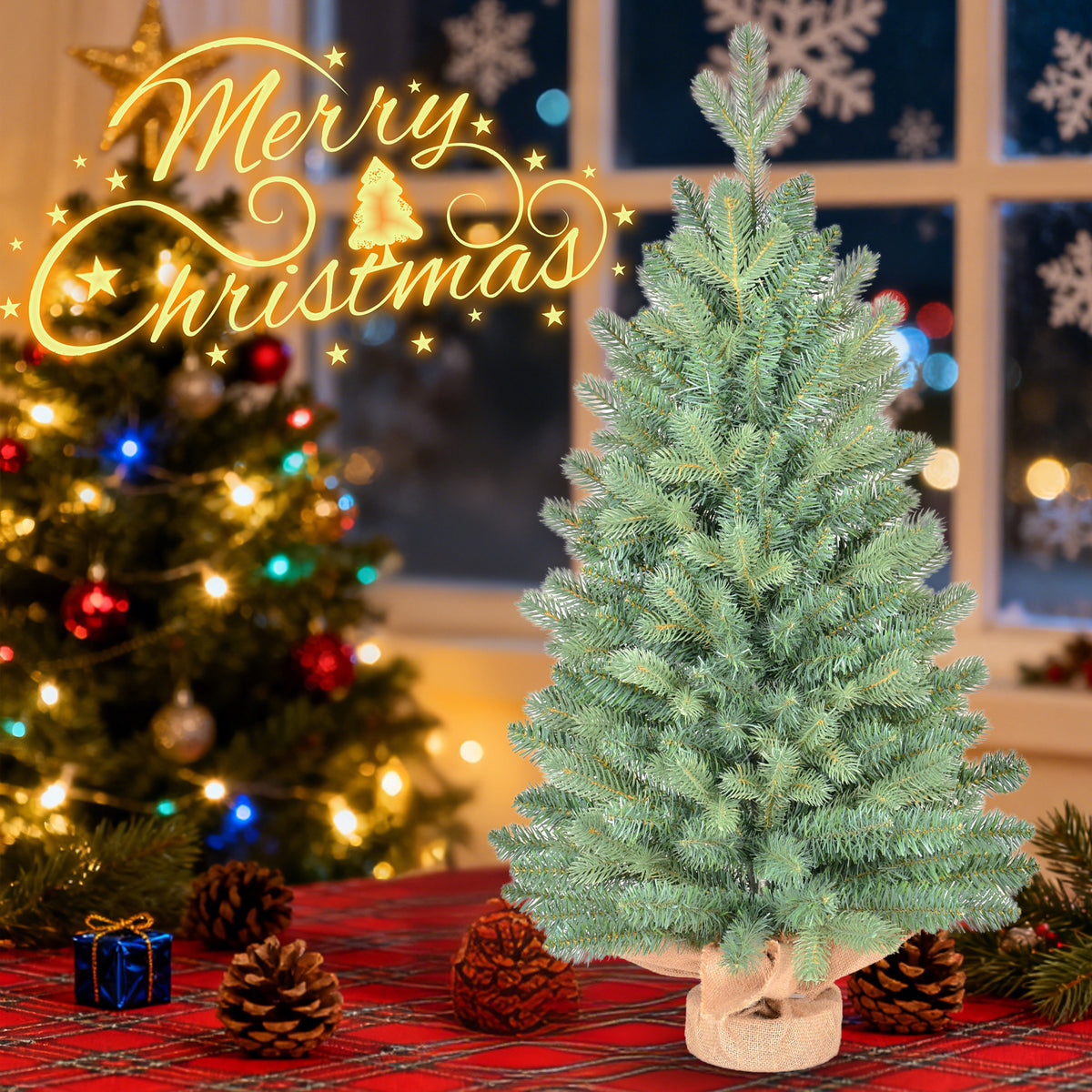 2ft Artificial Mini Christmas Tree, Realistic Green Pine with Burlap Base, Unlit Tabletop Xmas Decor for Home Holiday Party
