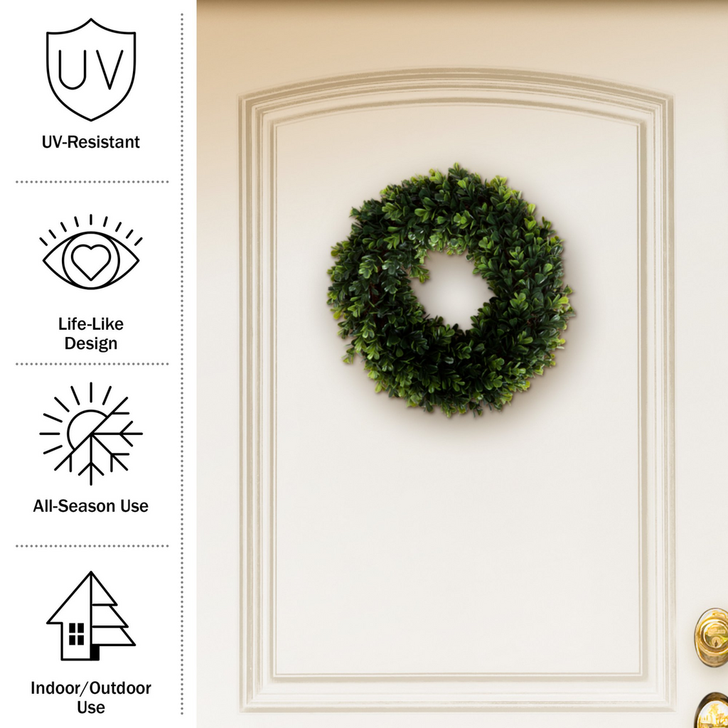 AEELLEEA 12 Inch Artificial Boxwood Wreath, UV Resistant Faux Greenery Wreath, All Season Indoor Outdoor Wreath for Front Door Window Wall Home Decor