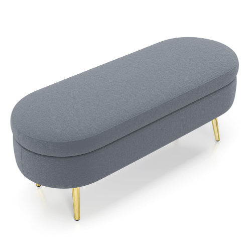 AEELLEEA 43 Inch Oval Storage Ottoman Bench, Grey Textured Fabric Bench with Gold Metal Legs for Bedroom Entryway
