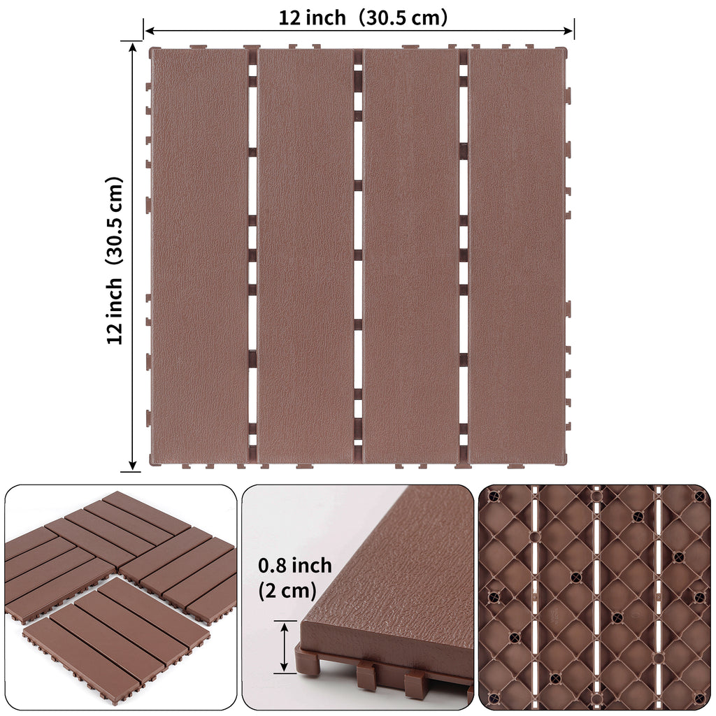 AEELLEEA 12 Inch Brown PP Interlocking Deck Tiles, 44 Pack Waterproof Patio Flooring Tiles, Non-Slip Drainage Outdoor Decking for Backyard Poolside Balcony