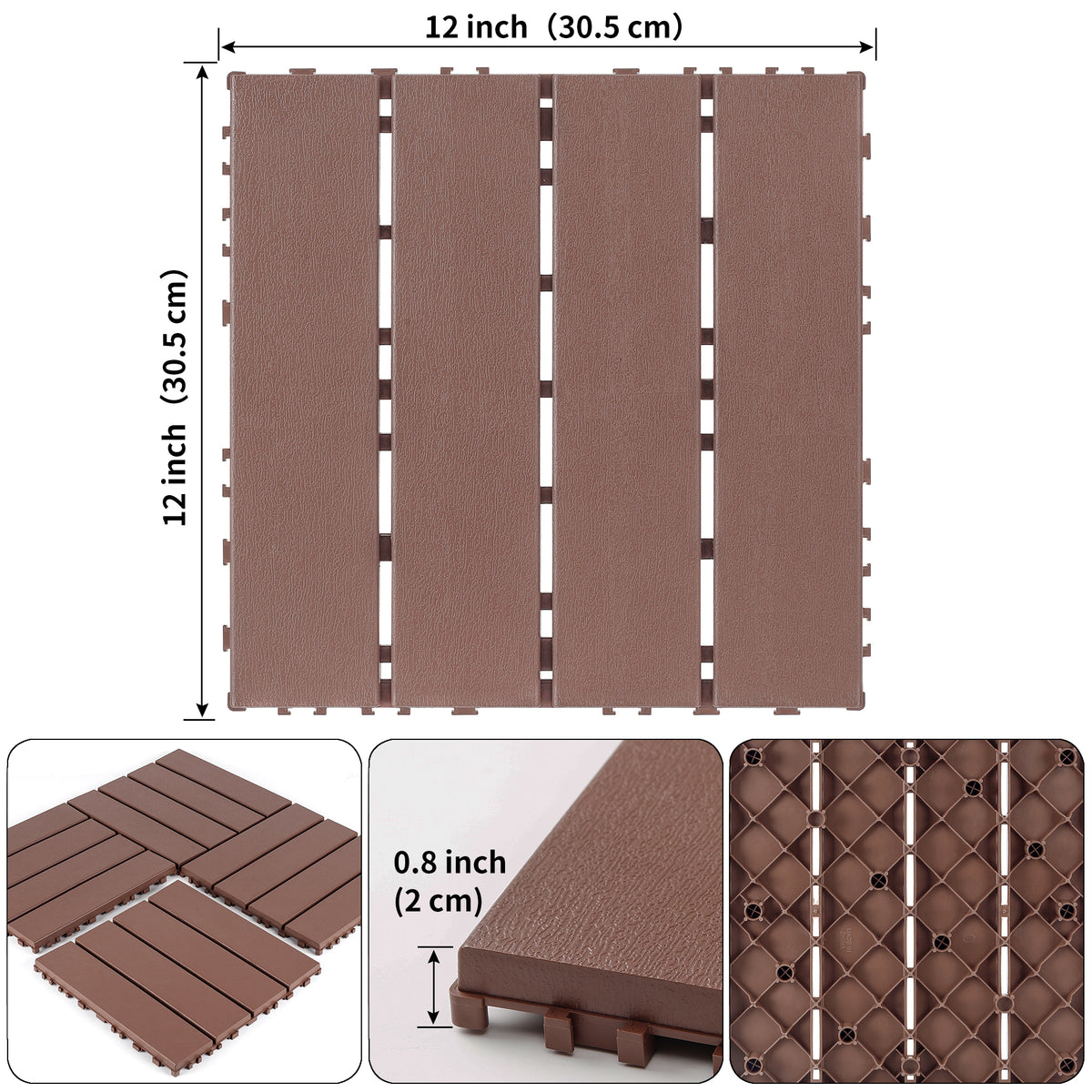 AEELLEEA 12 Inch Brown PP Interlocking Deck Tiles, 44 Pack Waterproof Patio Flooring Tiles, Non-Slip Drainage Outdoor Decking for Backyard Poolside Balcony
