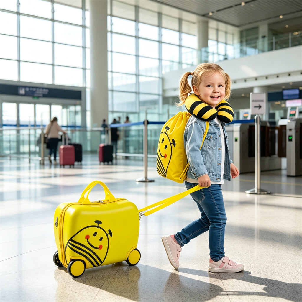 AEELLEEA 3 Piece Bee Kids Ride-On Luggage Set, 16 Inch Rolling Suitcase with Drawstring Backpack & Neck Pillow for Toddler Travel