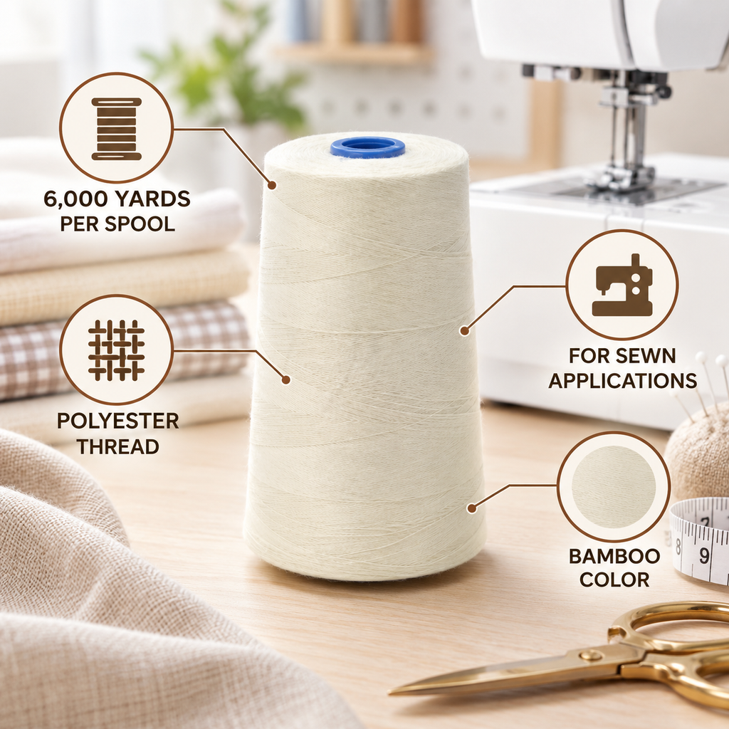 6000 Yards Polyester Sewing Thread Cone Spool, Bamboo Color, 3 x 5 in, for Sewing Machines and Craft Projects
