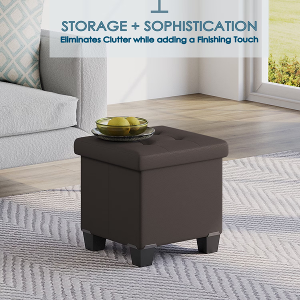 AEELLEEA 15" Folding Storage Ottoman with Removable Organizer Bin, Tufted Cushioned Seat, Dark Brown