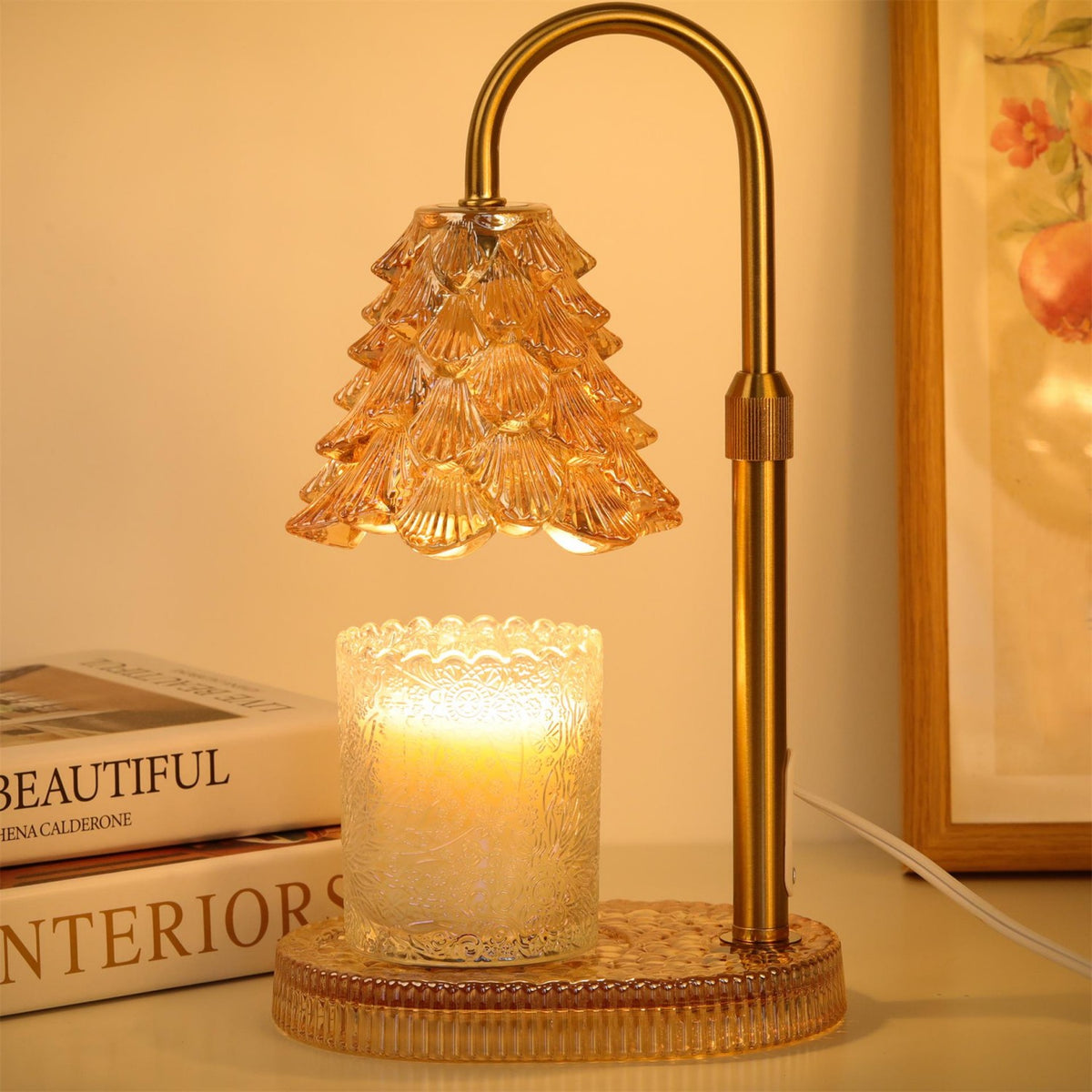 Candle Warmer Lamp, Christmas Tree Lampshade Glass Base Wax Melt Warmer for Jar Candles with Timer Dimmable Adjustable Height 2 Bulbs, Home Decor Gift