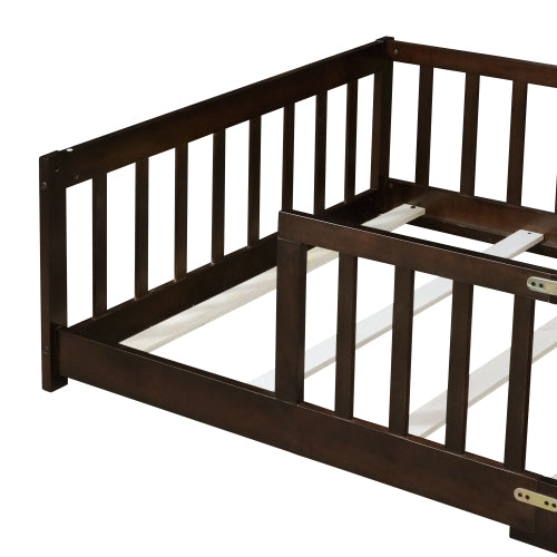 AEELLEEA Twin Size Montessori Floor Bed with Guardrails, Wooden Kids Bed Frame with Slats and Low Entry, Dark Brown