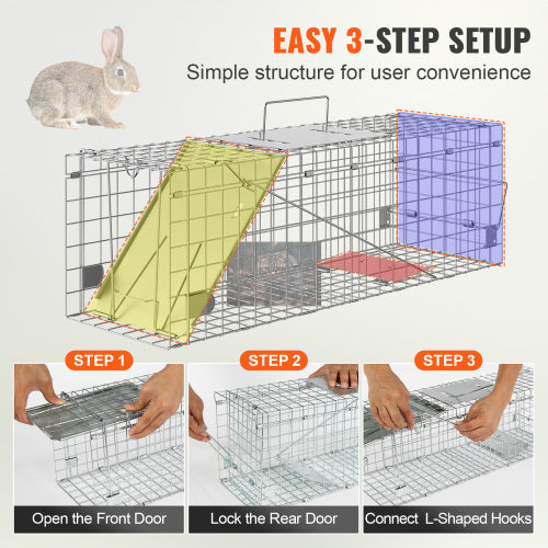 Live Animal Cage Trap, 24"x8"x8", Humane Galvanized Iron Folding Trap with Handle for Cats, Rabbits, Raccoons, Squirrels & More