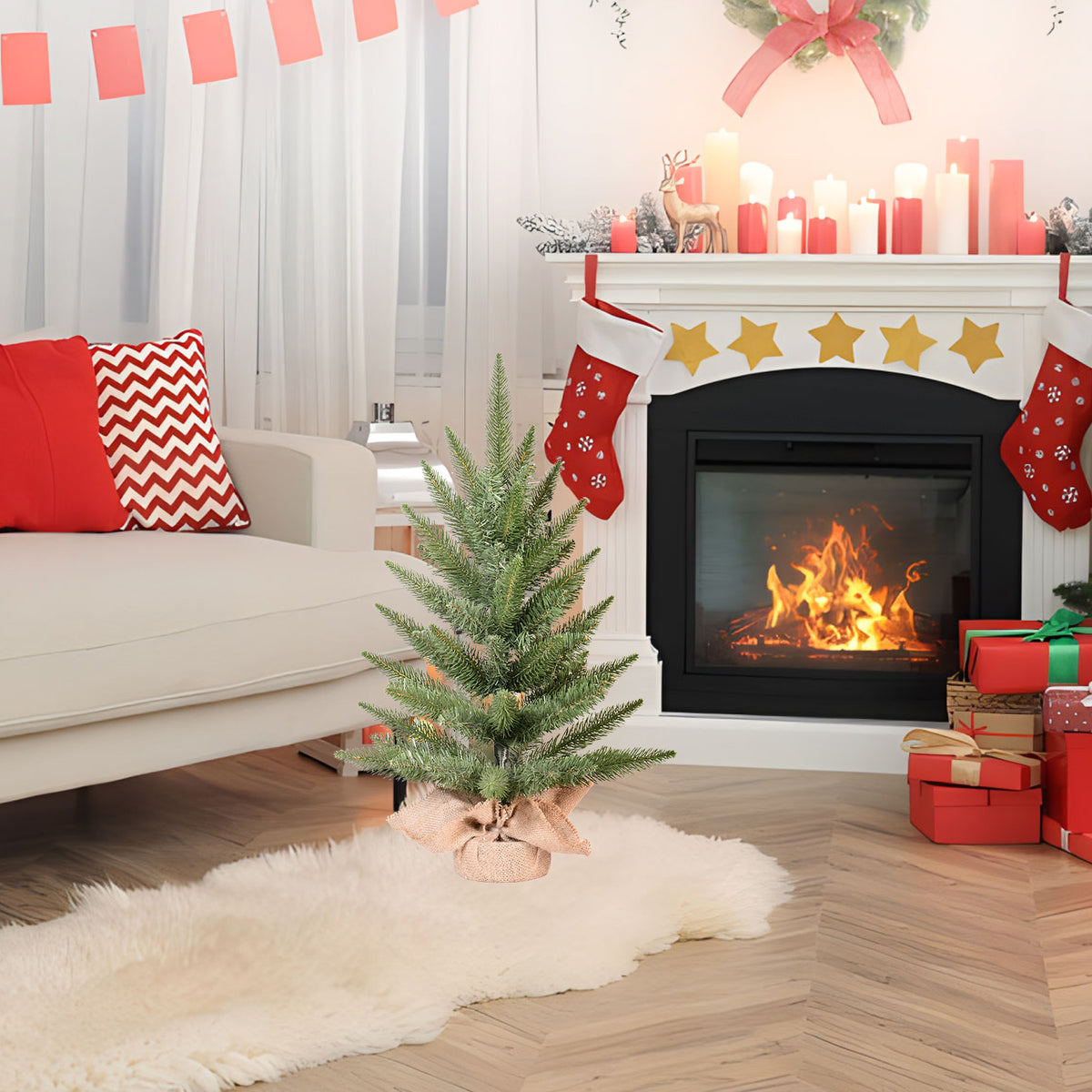 2FT Mini Tabletop Artificial Christmas Tree, 67 Branch Tips Realistic Unlit Pine Tree with Burlap Base, Holiday Decor for Home Office