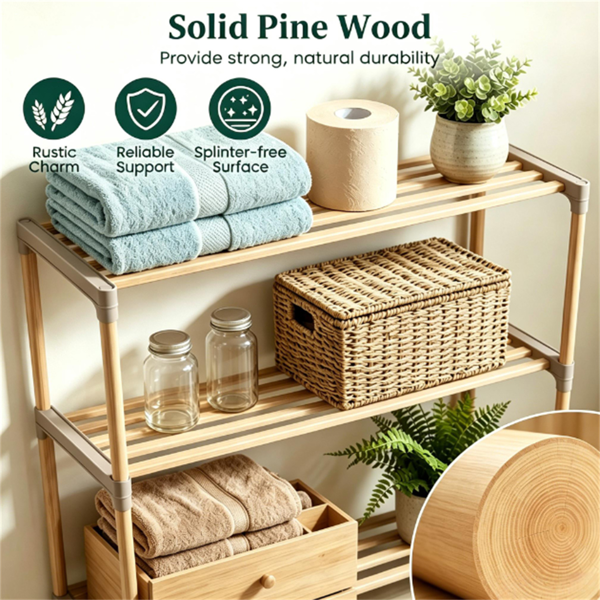 AEELLEEA 3-Tier Over-the-Toilet Storage Rack, Solid Pine Wood Bathroom Organizer Shelf, 28" W x 11" D x 58.5" H, Natural Wood