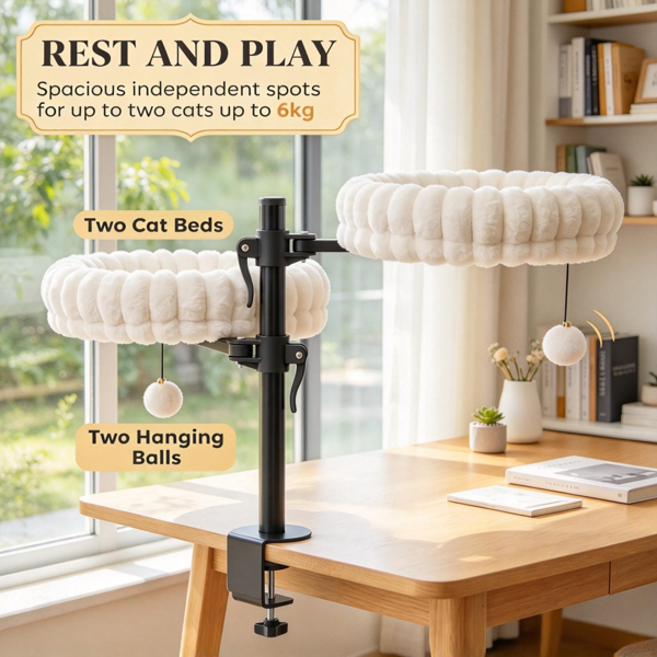 AEELLEEA Dual Cat Window Perch with 2 Plush Beds, Clamp-On Cat Bed with Hanging Toys, 15" Beds, White