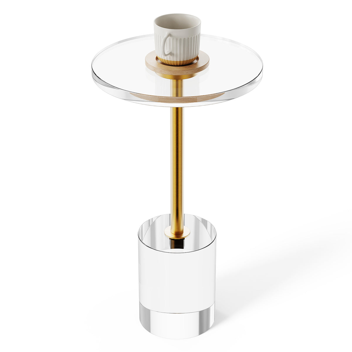AEELLEEA Clear Acrylic End Table, 11.9 in Round Side Table with Gold Metal Accent, 21.4 in Tall, for Living Room & Bedroom