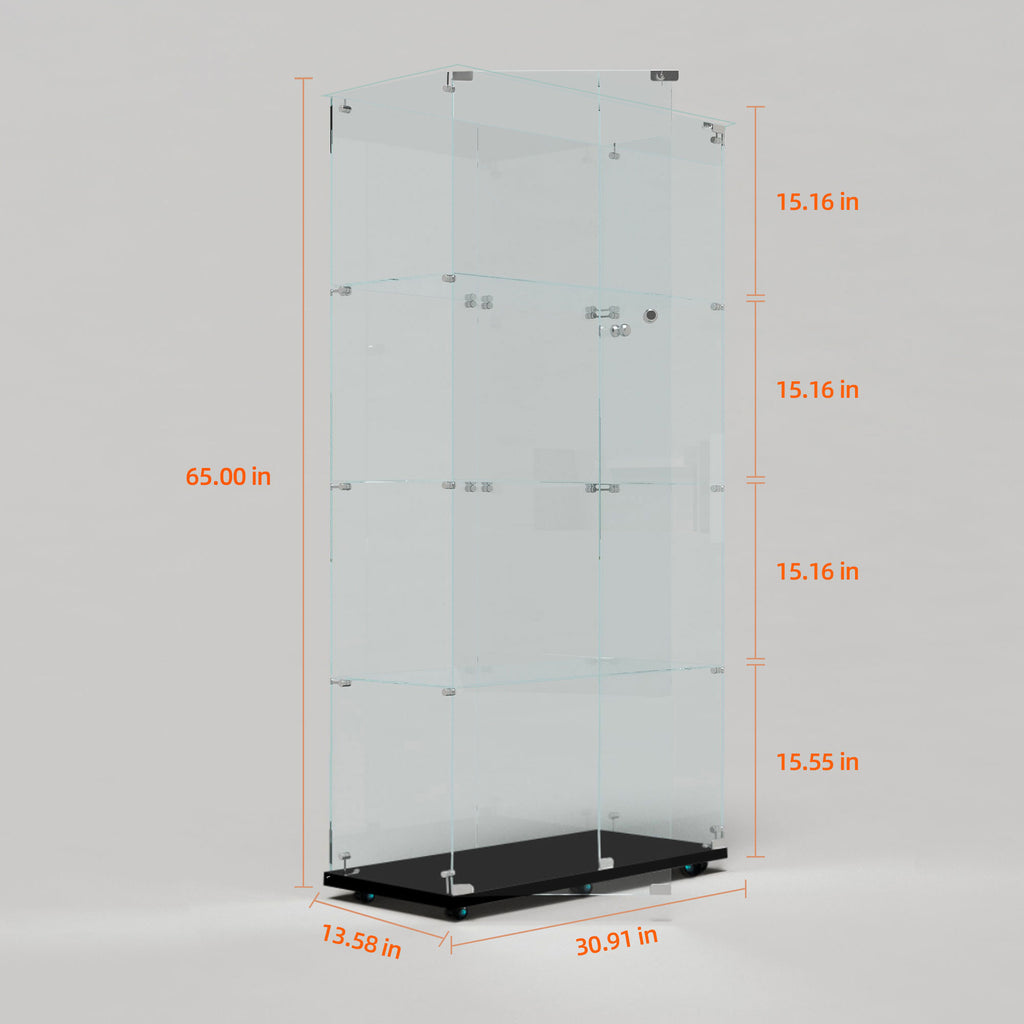 AEELLEEA Black Tempered Glass Display Cabinet with Lockable Door, Adjustable Shelves & Lockable Casters for Collectibles