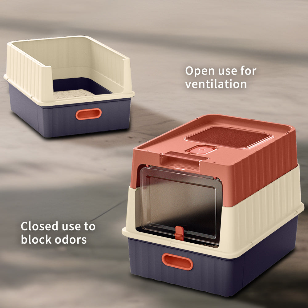 Convertible Enclosed Cat Litter Box with Pull-Out Drawer, Front Door, Top Vent Panel & Litter Scoop, Red, 19.69" x 13.78" x 13.78"