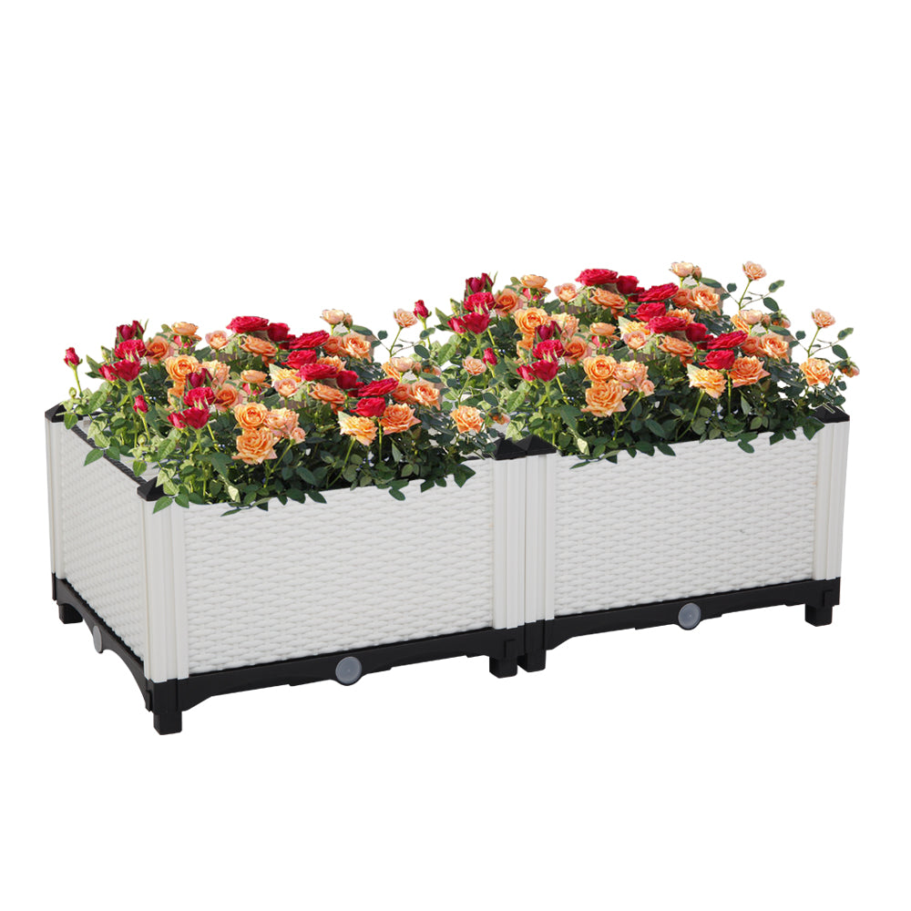 AEELLEEA-2Pcs Free Splicing Injection Planting Box, White Rattan Texture Plastic Raised Garden Planter for Balcony Patio Herb Vegetable Growing