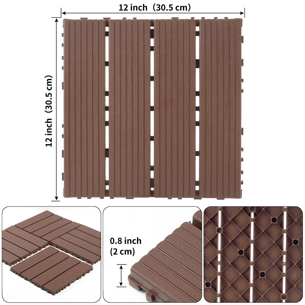 AEELLEEA 12 Inch Brown PP Interlocking Deck Tiles, 44 Pack Waterproof Patio Flooring Tiles, Non-Slip Drainage Outdoor Decking for Backyard Poolside Balcony