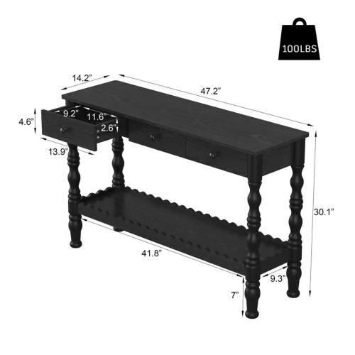 AEELLEEA 47.2" Black Farmhouse Console Table with 3 Drawers and Storage Shelf, Rustic Entryway Sofa Table with Turned Legs