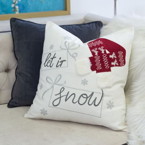 AEELLEEA Let It Snow 20x20in Christmas Throw Pillow, Cotton Cushion with 3D Knit Hat Embroidery, Cover & Insert for Holiday Decor