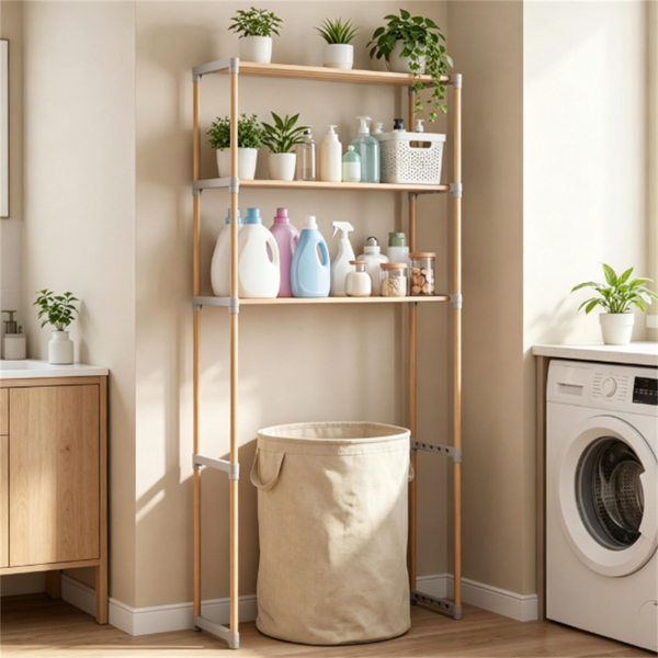 AEELLEEA 3-Tier Over-the-Toilet Storage Rack, Solid Pine Wood Bathroom Organizer Shelf, 28" W x 11" D x 58.5" H, Natural Wood