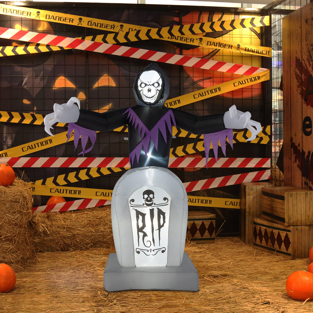 6ft Halloween Inflatable Grim Reaper with Grave, 3 LED String Lights, 12V Waterproof Outdoor Yard Lawn Decoration with Stakes & Sandbags