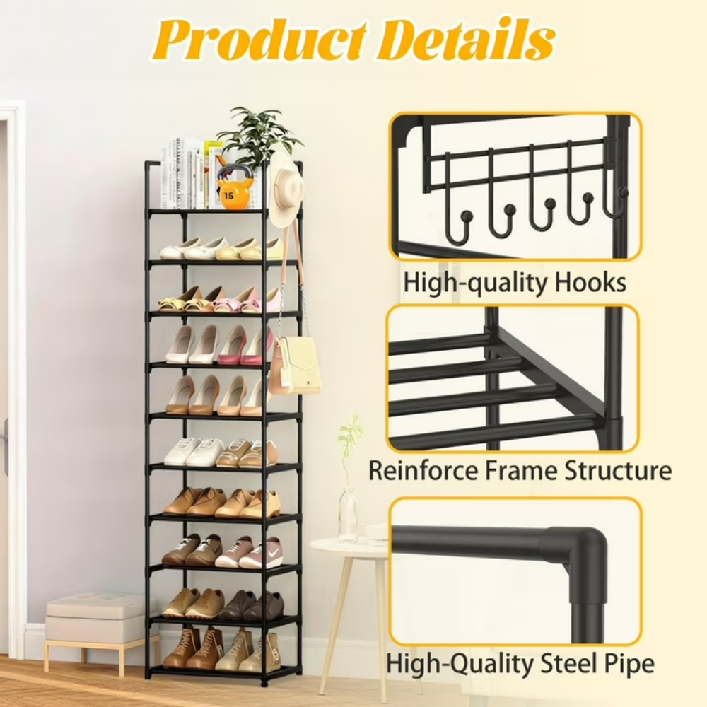 AEELLEEA 10 Tier Metal Shoe Rack, Stackable Space-Saving Shoe Organizer with Side Hooks, Heavy Duty Reinforced Steel Shoe Shelf, Freestanding Shoe Storage for Entryway, Closet, Hallway for Shoes & Boots