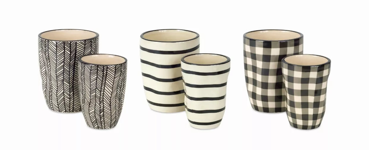 6-Piece Dolomite Decorative Pot Set, Black and White Patterned Planters, 2 Sizes, Stripes, Checks and Herringbone