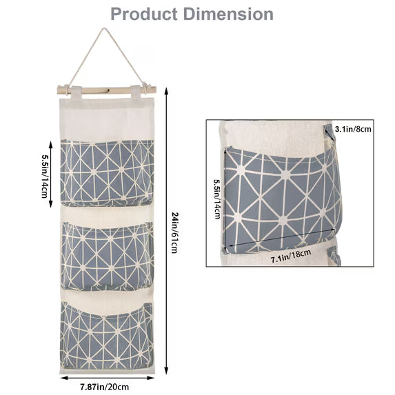3-Pocket Wall Hanging Storage Organizer with Wooden Rod, Waterproof Linen Cotton, Gray
