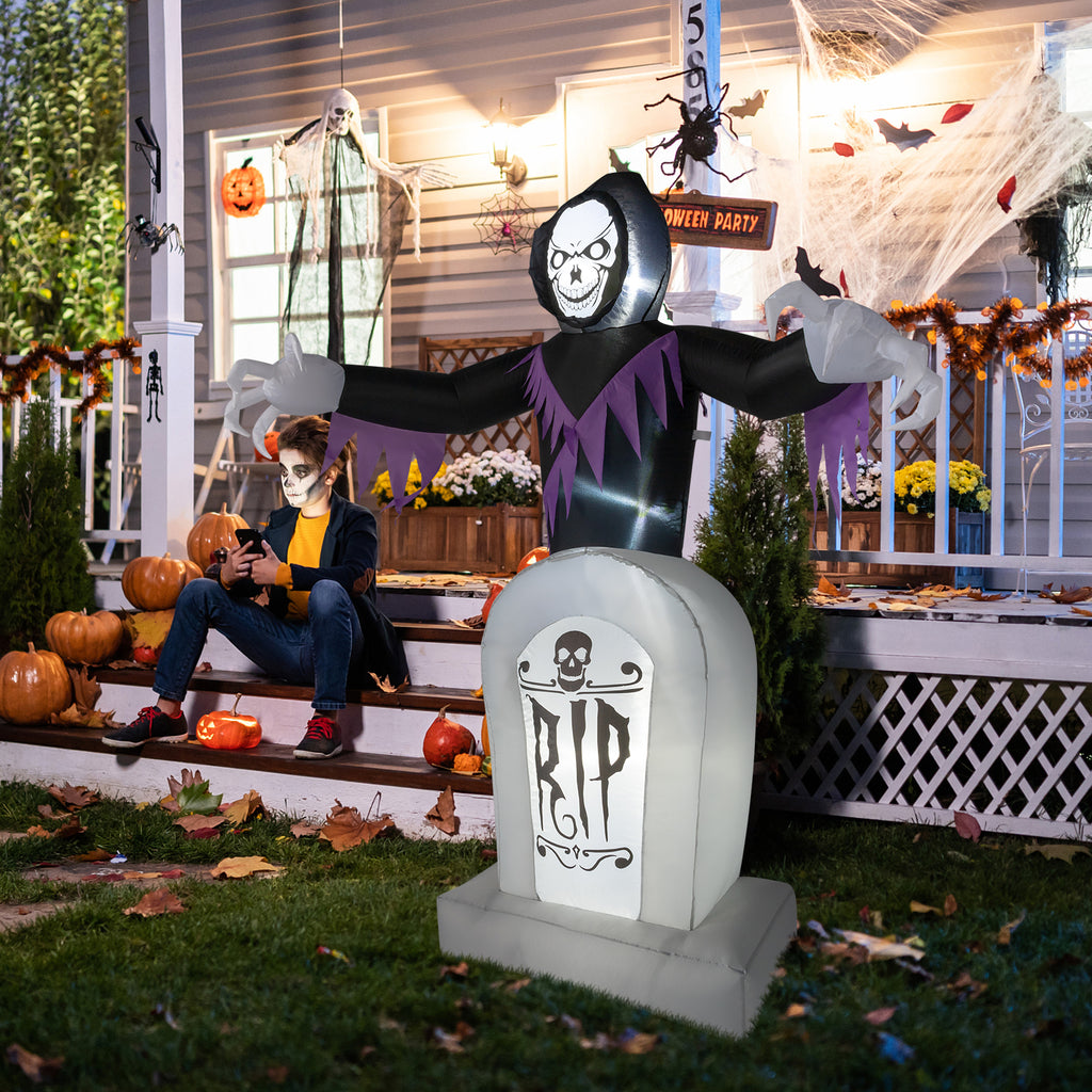 6ft Halloween Inflatable Grim Reaper with Grave, 3 LED String Lights, 12V Waterproof Outdoor Yard Lawn Decoration with Stakes & Sandbags