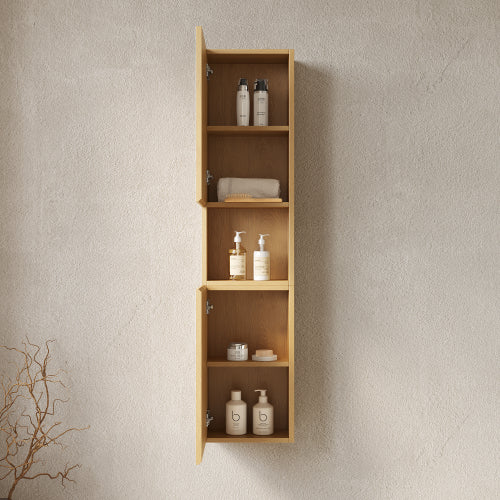 59" Tall Narrow Wall Mounted Bathroom Cabinet, Fluted Linen Storage with Open Shelf, Wood Tower Cabinet for Bathroom Laundry Room