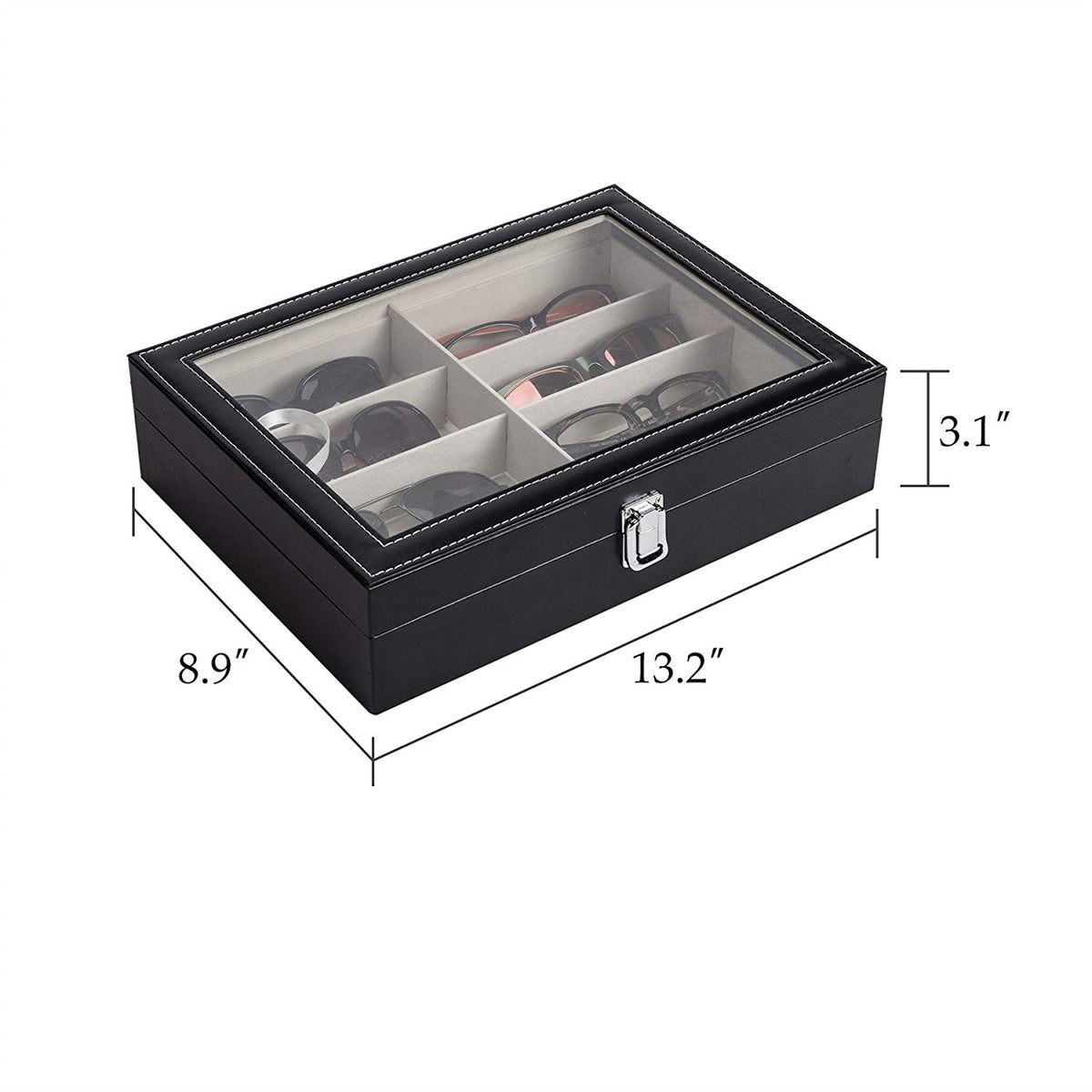 AEELLEEA-Leather Multi Sunglasses Organizer for Women & Men, Eyeglass Display Storage Box with 8 Slots, Black Eyewear Holder for Sunglasses Collection