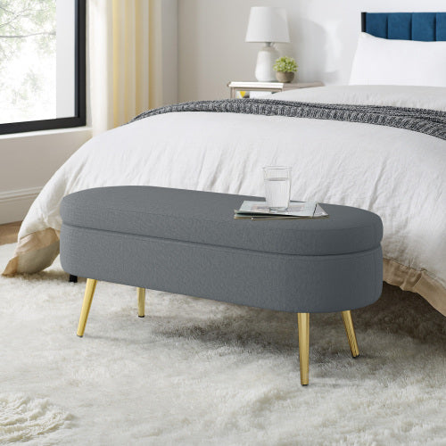 AEELLEEA 43 Inch Oval Storage Ottoman Bench, Grey Textured Fabric Bench with Gold Metal Legs for Bedroom Entryway