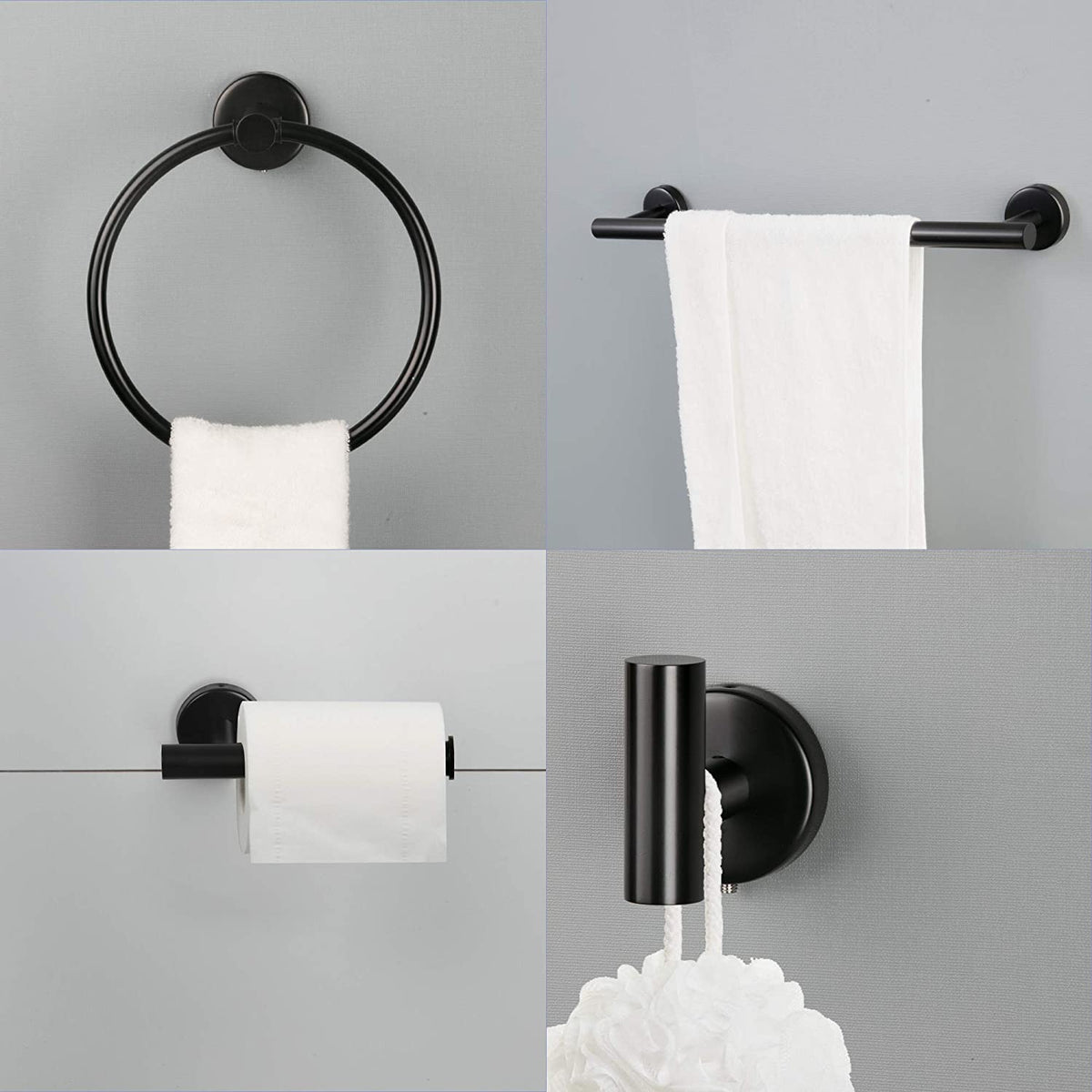 AEELLEEA Matte Black Bathroom Hardware Set, 6-Piece Metal Towel Bar Towel Ring Toilet Paper Holder Robe Hooks, Wall Mount Bath Accessories