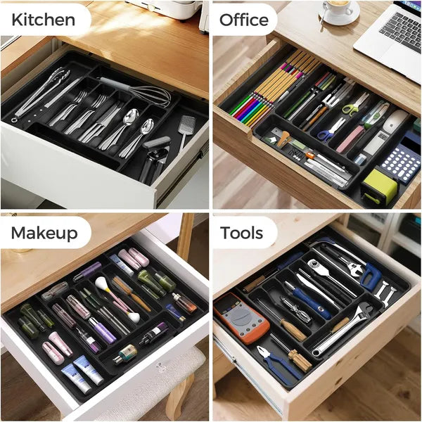 AEELLEEA Expandable Silverware Organizer Tray, Black Adjustable Kitchen Drawer Utensil Holder for Flatware