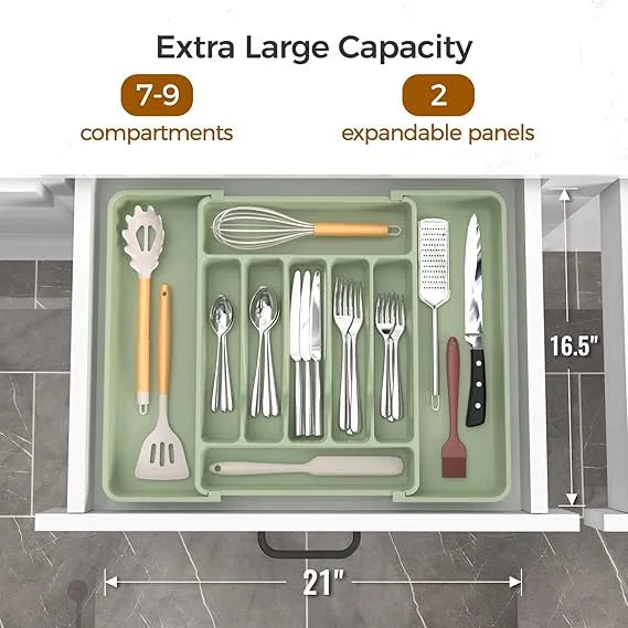 AEELLEEA Expandable Silverware Organizer Tray, Green Adjustable Kitchen Drawer Utensil Holder for Flatware