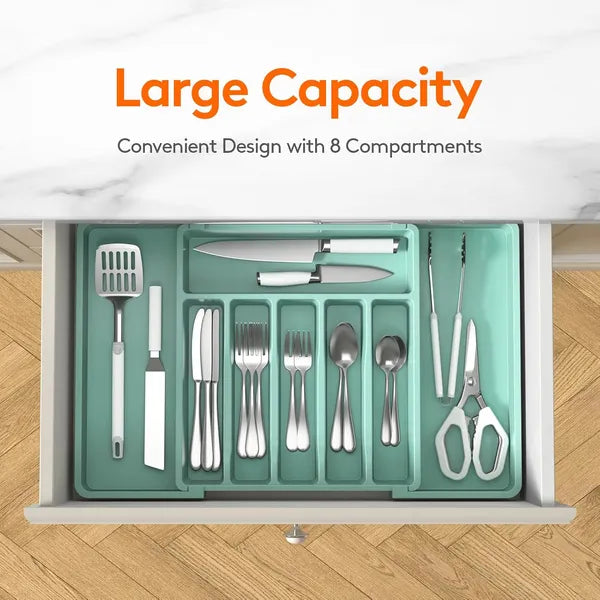 AEELLEEA Expandable Silverware Drawer Organizer Tray, Turquoise Adjustable Kitchen Utensil Holder for Flatware
